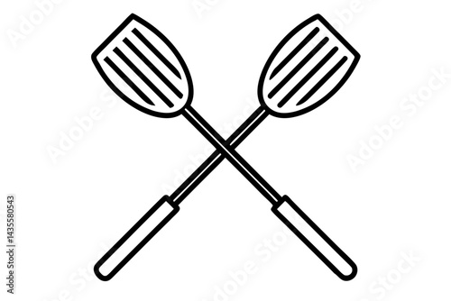 Bbq Grill With Crossed Spatulas Line Art Vector Illustration