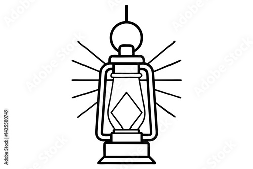 Camp Lantern With Light Rays Line Art Vector Illustration