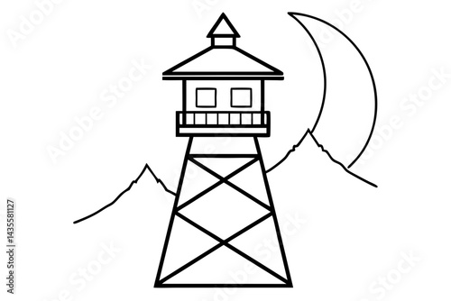 Firewatch Tower At Dusk Line Art Vector Illustration