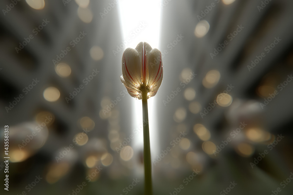 Surreal oversized tulip blooming in urban setting,