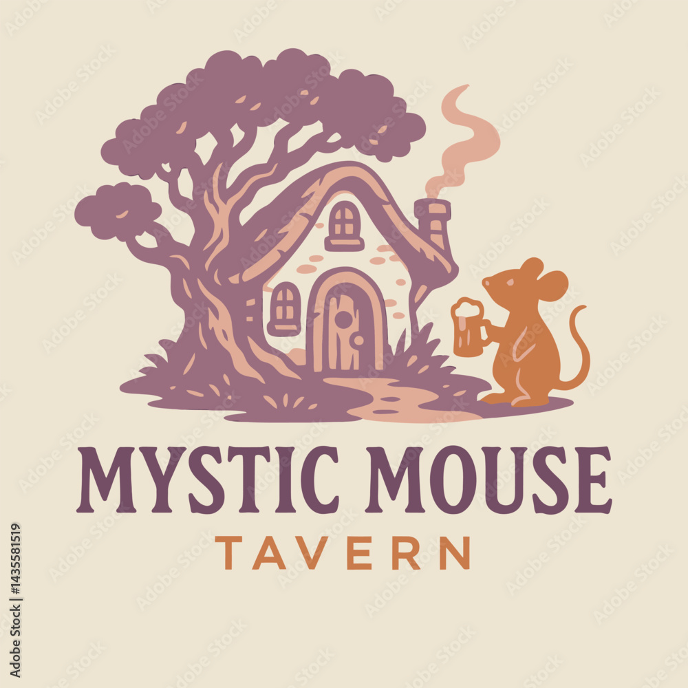 Naklejka premium Whimsical Illustration of a Mouse Holding Beer Outside a Cottage