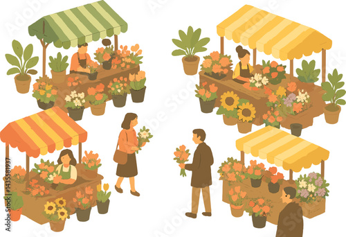 Isometric vector illustration of a quiet morning flower market with colorful stalls, shopkeepers arranging bouquets, and early customers. Peaceful and fragrant street scene, no text, transparent