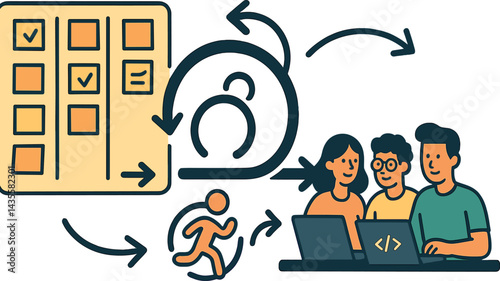 Frame agile development with scrum board, sprint icons, iterative progress, coding team, and task arrows. Vector illustration, structured yet fun, no text, transparent background