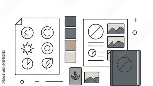 Express branding strategy with logo drafts, color swatches, mood boards, and brand book. Vector illustration, stylish and sleek, no text, transparent background