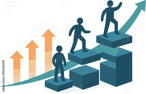 Introduce business scalability with stacked platforms, expanding arrows, growth curve, and supportive team figures. Vector illustration, dynamic and smooth, no text, transparent background