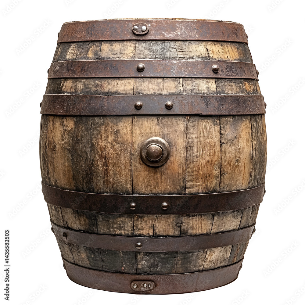 Fototapeta premium Old Wooden Barrel with Metal Bands Rustic Vintage Container