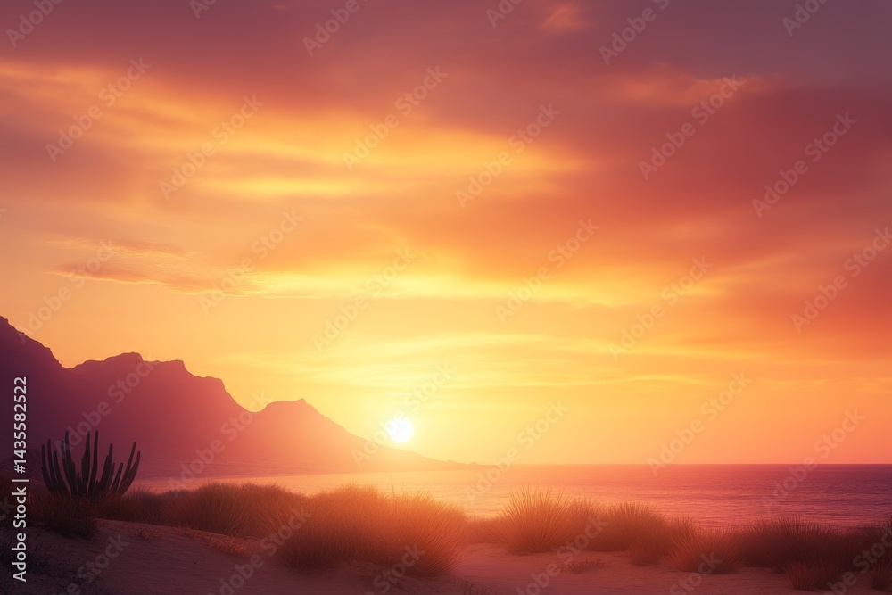 Obraz premium Desert landscape with cactus and dramatic sunset sky.