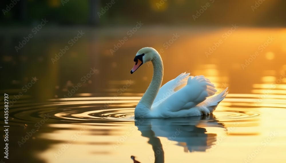 Obraz premium Majestic white swan gracefully reflecting in shimmering golden lake, golden, majestic, wildlife