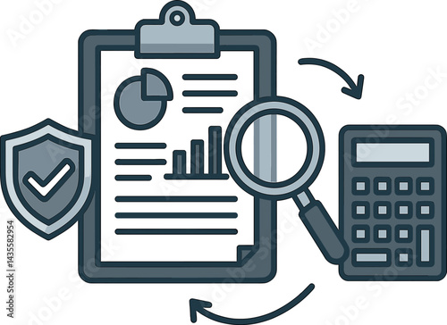 Show financial auditing with reports on clipboard, verification seals, calculator, and review loop. Vector illustration, clear and precise, no text, transparent background