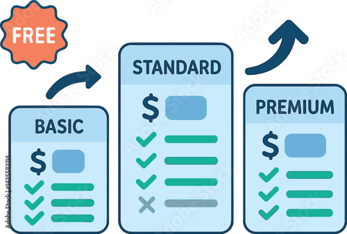 Depict subscription-based service with pricing plans, features grid, free trial badge, and upgrade arrows. Vector illustration, conversion-driven and smooth, no text, transparent background