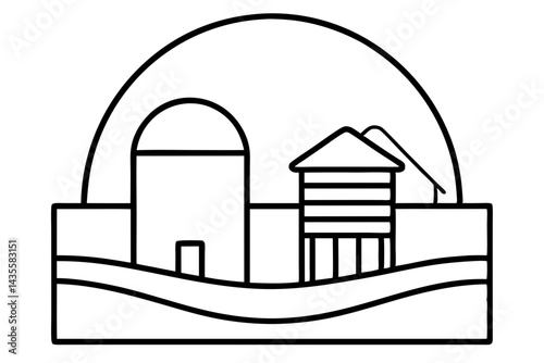 Sunset Behind Farm Silo Line Art Vector Illustration