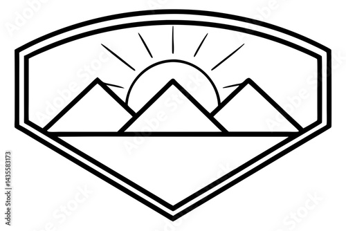Sunset Behind Ridge Badge Line Art Vector Illustration