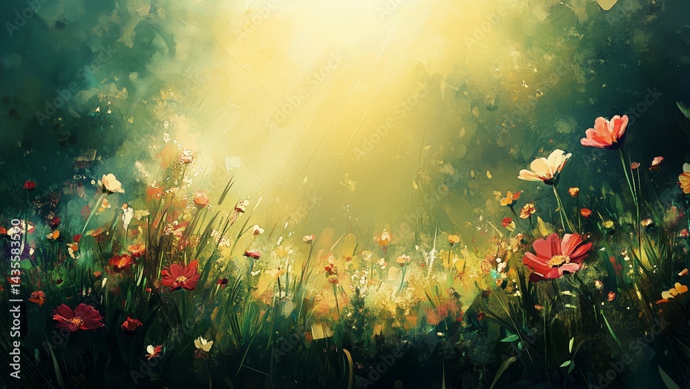 Digital painting of meadow flowers with sunlight and open text space