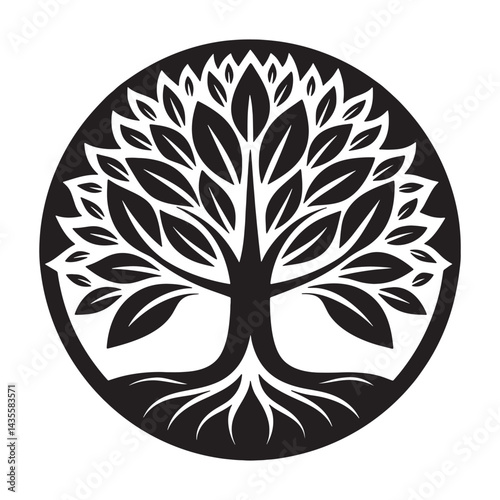  Black and white leafy vector style circular canopy tree.