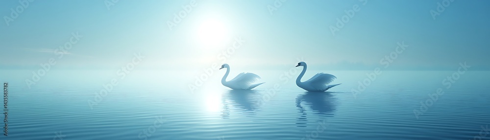 Fototapeta premium Swans glide in calm lake at sunrise, ideal for serene nature backdrop in romantic projects