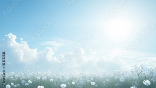 Daisy field in morning light with open sky and soft blur, centered copy space