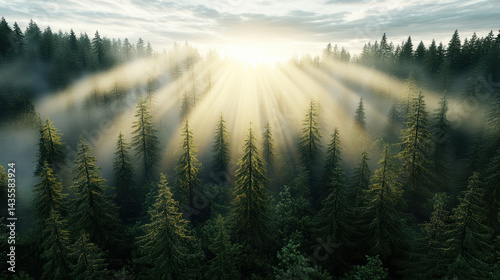 Golden shafts of sunlight beam through foggy pine forest, creating serene atmosphere