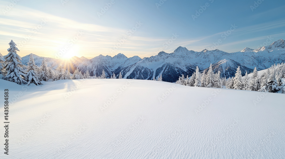 Snow covered landscape with mountains and bright sun shining in sky creates serene atmosphere Snow covered landscape with mountains and bright sun shining in sky creates serene atmosphere