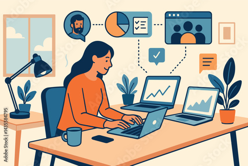 Freelance and remote productivity. Vector illustration of home office, laptops, and virtual tools. Ideal for digital nomads and freelancers.