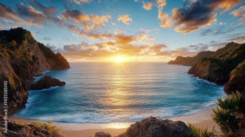 Breathtaking sunset over coastal headland with glowing ocean and serene beach