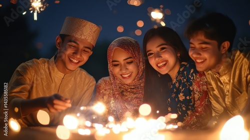 four young adults joyfully celebrating eid al-fitr at night with glowing sparklers sharing laughter and creating a warm festive atmosphere expressing cultural unity and togetherness