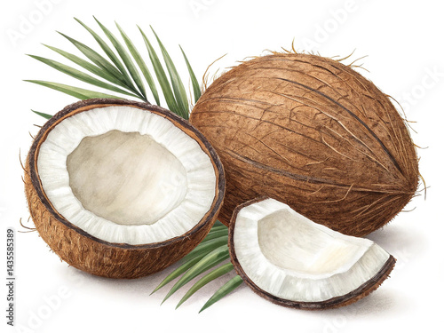 Whole and half coconut and slices isolated transparent background