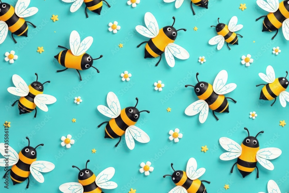 Cute hand-drawn bees, seamless spring pattern, blue background , nature, insect Cute hand-drawn bees, seamless spring pattern, blue background , nature, insect