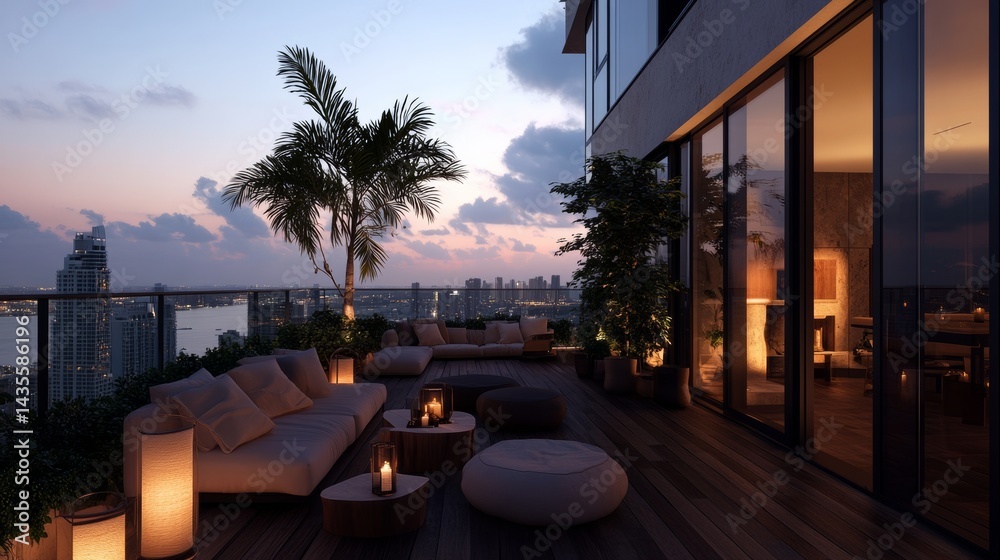 Fototapeta premium A sunset-lit rooftop lounge with ambient lanterns, soft music, and comfortable seating, setting the perfect chill vibe,
