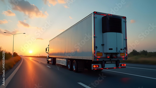 Focus on Cooling System and Produce Cargo in Dusk Highway Refrigerated Truck