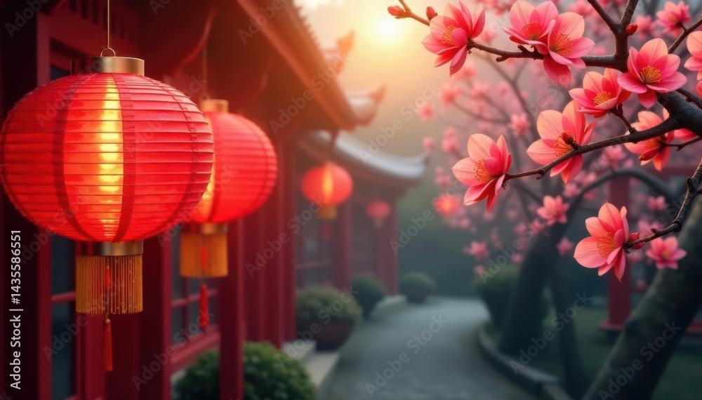 Obraz premium Vibrant red lanterns, gold ingots, blossoming plum branches, spring, graphic