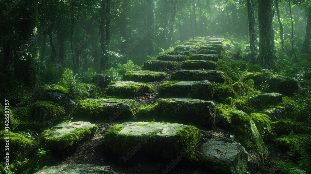 Fototapeta premium Mossy stone steps ascending into a misty green forest.
