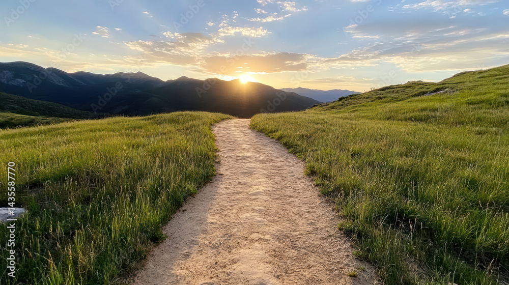 Fototapeta premium serene hiking trail winds through lush green grass, leading towards stunning sunset over