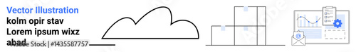 Cloud and line, stacked boxes representing storage, graph with email and gear for analytics. Ideal for digital storage, organization, data management, analysis, logistics, cloud computing simple
