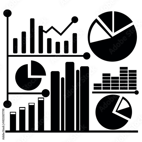minimal black and white data infographic with bar charts and pie graphs