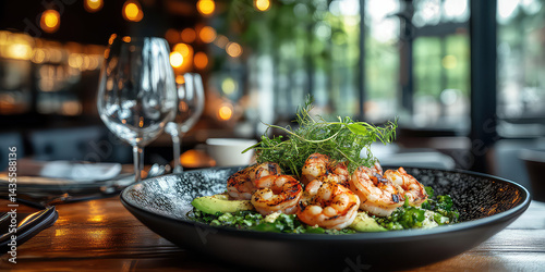 Delicious Grilled Shrimp Avocado Salad Restaurant Dish Food Photography