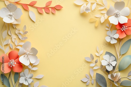 Charming paper flowers and foliage border on a pale yellow background. photo