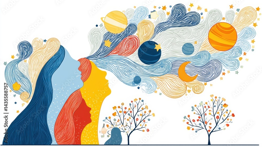 Fototapeta premium Colorful Representation of Children's Mental Health Week with Abstract Human Figures and Cosmic Elements