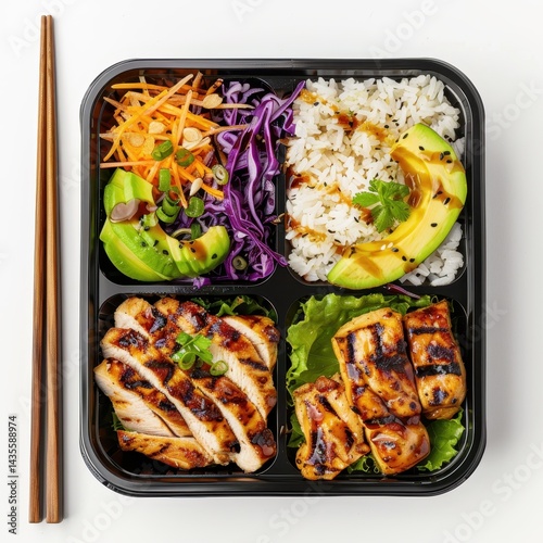 Delicious, healthy, portioned lunch box with grilled chicken and rice. photo