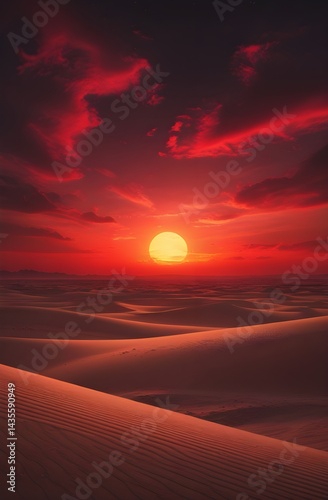 A beautiful orange and red sunset paints the desert and beach horizon with bright evening light under a cloudy sky
