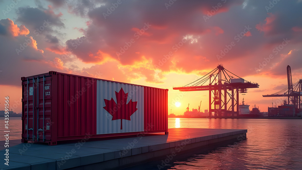 Obraz premium Canada Flag Container at Port Terminal During Sunset with Industrial Activity