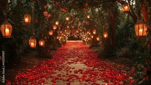 Indian wedding aisle decorated with rose petals, lanterns, and hanging floral garlands