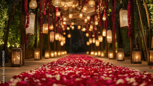 Indian wedding aisle decorated with rose petals, lanterns, and hanging floral garlands