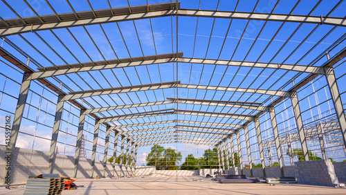 Wallpaper Mural Metal structure of warehouse industrial factory building in construction site against blue sky background, Low angle and symmetric view Torontodigital.ca