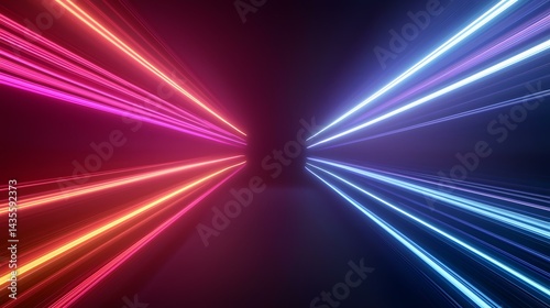 The image contains streaks of bright, neon-colored light, predominantly pink and blue, converging towards a central dark area.  They resemble light trails, creating a dynamic and energetic visual eff