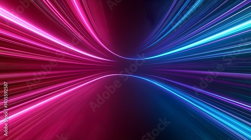 The image contains vibrant pink and blue light streaks converging towards a central point, creating a dynamic and abstract composition.