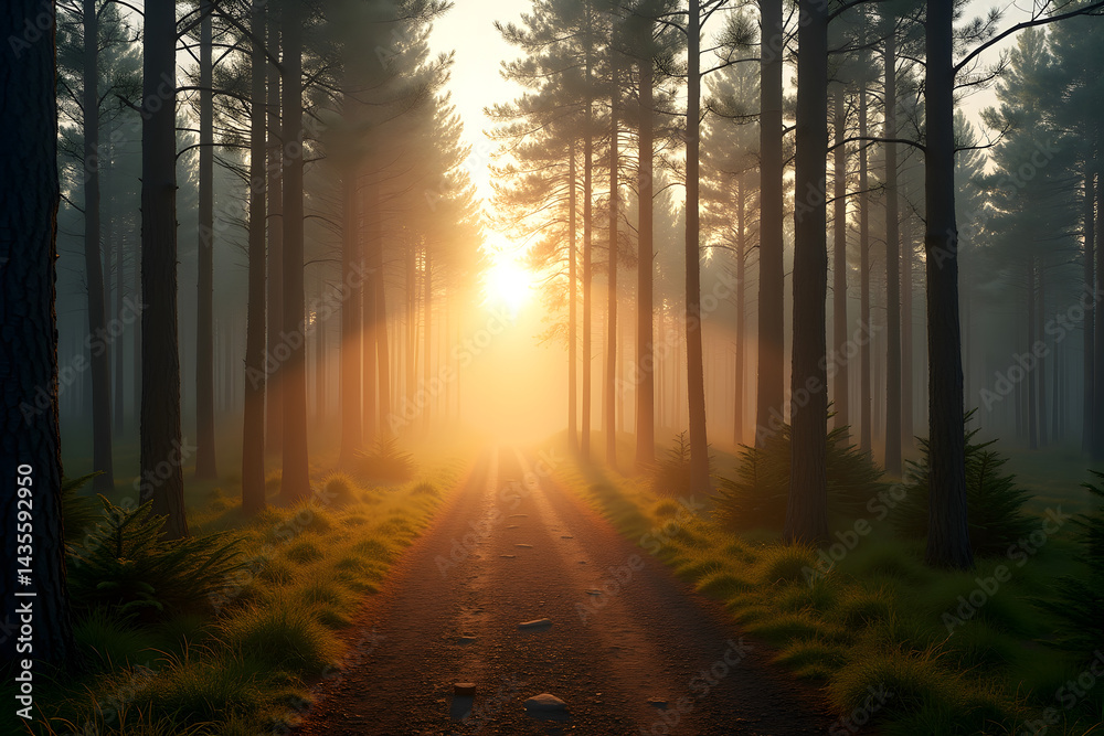 Obraz premium Sunlit Forest Trail: Sunlight streams through a dense forest, illuminating a tranquil trail winding through tall trees, creating a captivating scene of natural beauty.