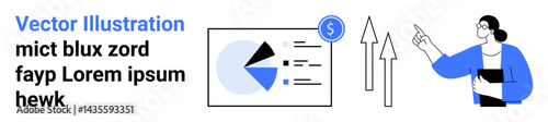 Pie chart with financial data, two upward growth arrows, person pointing for analysis. Ideal for business, finance, teamwork, statistics, education, planning simple landing page