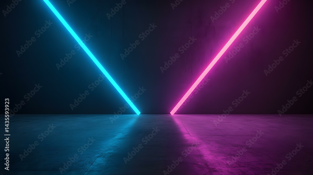 Obraz premium The image contains two bright neon lines, one cyan and one magenta, intersecting on a dark floor in a v-shape against a dark wall.