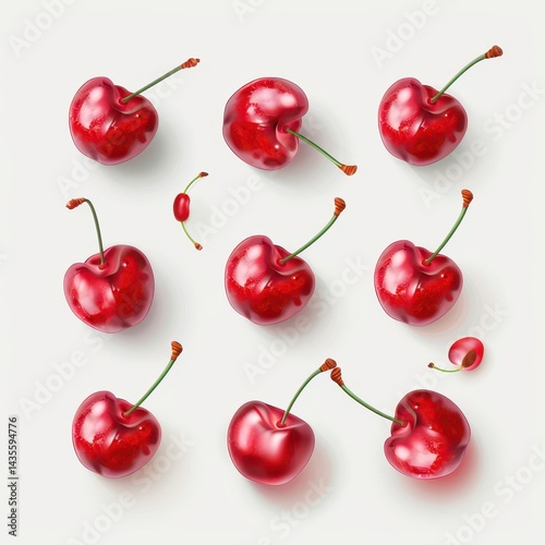 Fresh, glossy cherries arranged in a grid pattern.