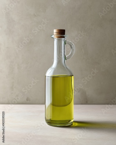 Wallpaper Mural Clear glass bottle with olive oil, centered on matte neutral background, minimal food styling Torontodigital.ca